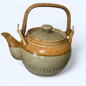 Vintage Green Tan Brown Rattan Whicker Otagiri Japanese Ceramic Pottery Teapot